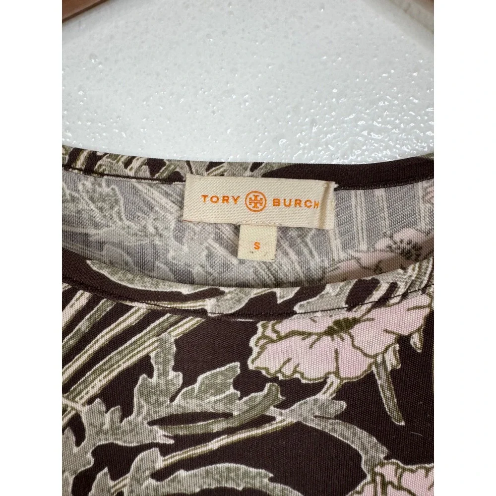 Tory Burch Dagny Silk Dress Brown Pink Floral Art Nouveau Jersey 3/4 Sleeve S